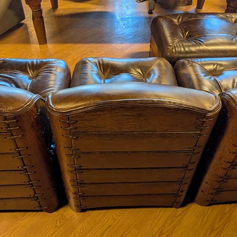 Tonga Modular 4pc Cocoa, Leather, Palmwood<br />
96w x 33d x 32h<br />
Ottoman 27 x34