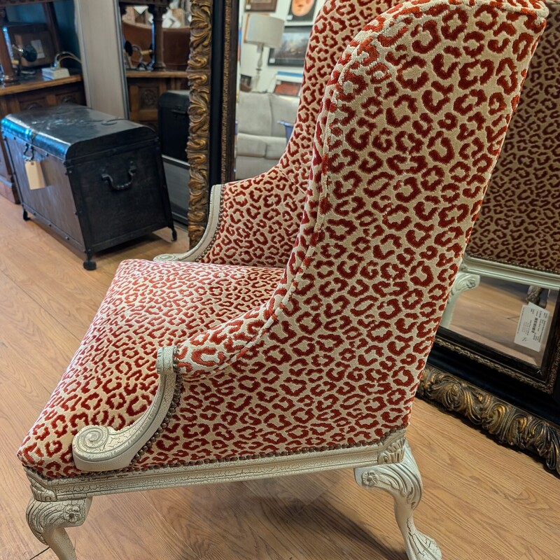 Red & Cream Leopard French Chair, Wingback<br />
28 x 30 x 42<br />
SH 18in