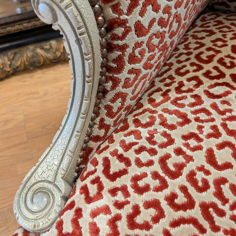 Red & Cream Leopard French Chair, Wingback<br />
28 x 30 x 42<br />
SH 18in